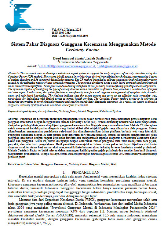 Sistem Pakar Diagnosa Gangguan Kecemasan Menggunakan Metode Certainty Factor
